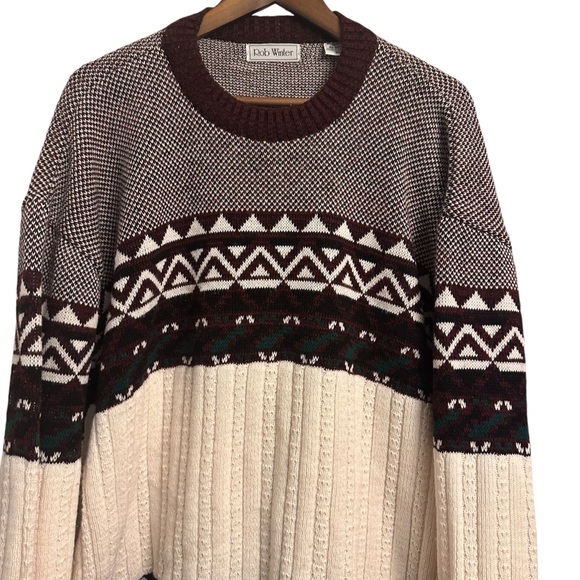 Vintage 80s Rob Winter Sweater Men’s 2XL Fair Isle Pullover Ski Cable Knit - Picture 2 of 12
